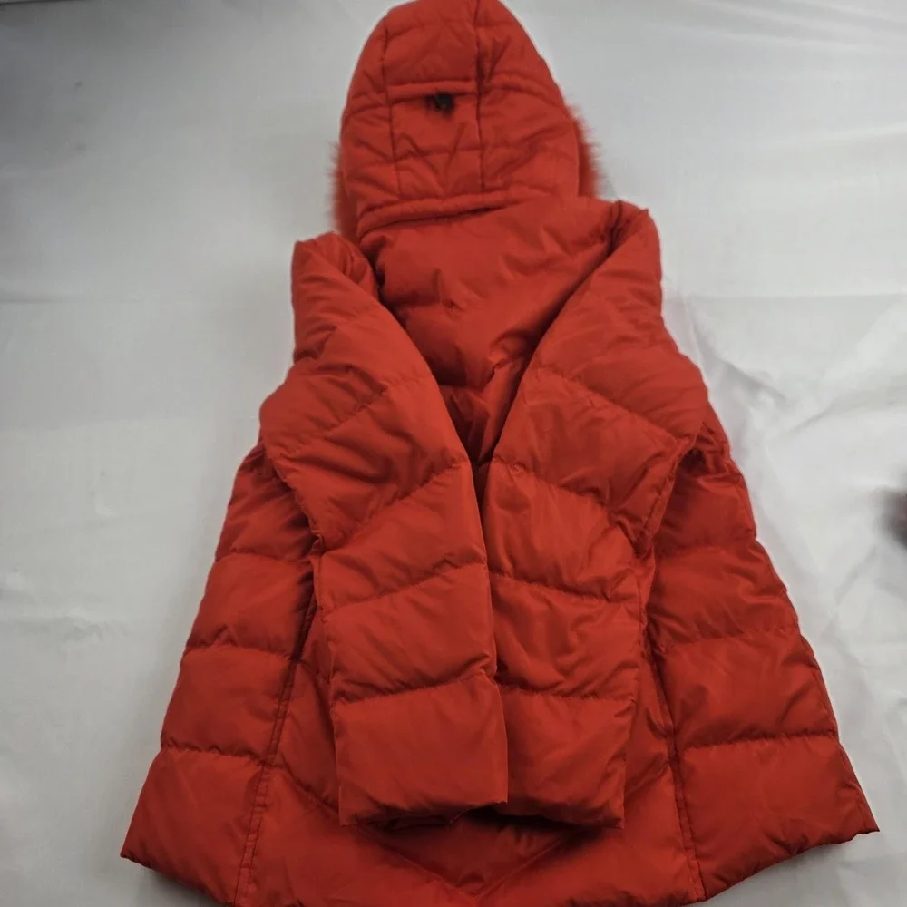 Lands' End Jacket Kids 10-12 Orange Down Puffer Hood Faux Fur Trim 600 Fill